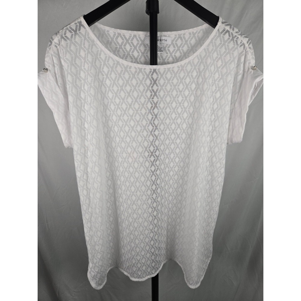 Liz Claiborne White‎ Geometric Sheer Burnout Top Sz L Casual Career Minimalist